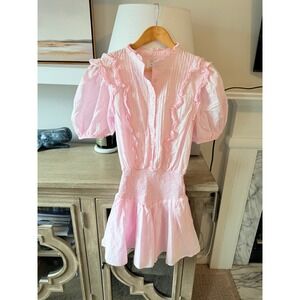 Sabo Mini Dress Womens XS Pink Excellent Cotton Smocked Ruffle Puff Sleeve